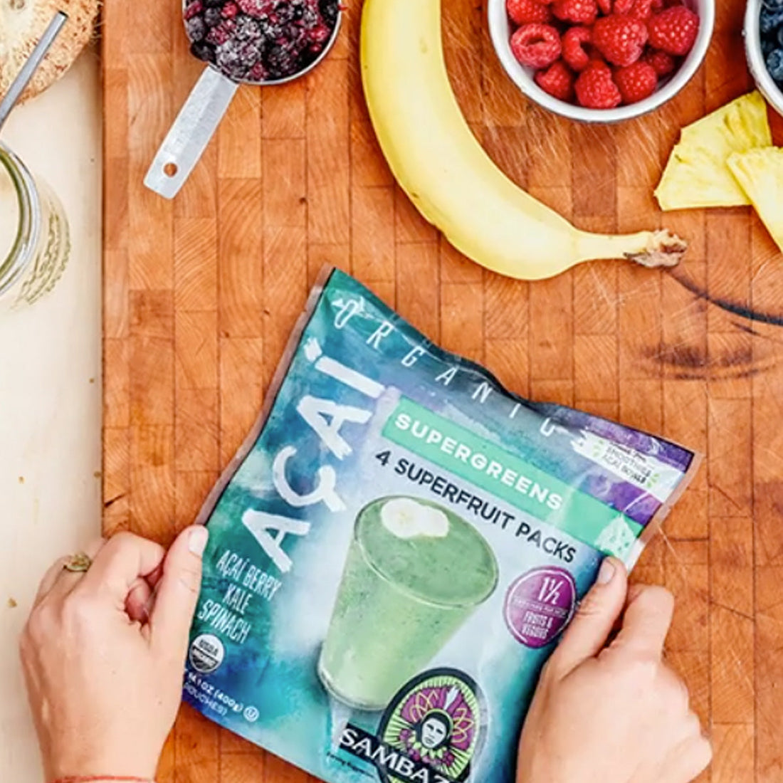 Acai Supergreens Smoothie Recipe with Apple Juice, Berries, & Bananas