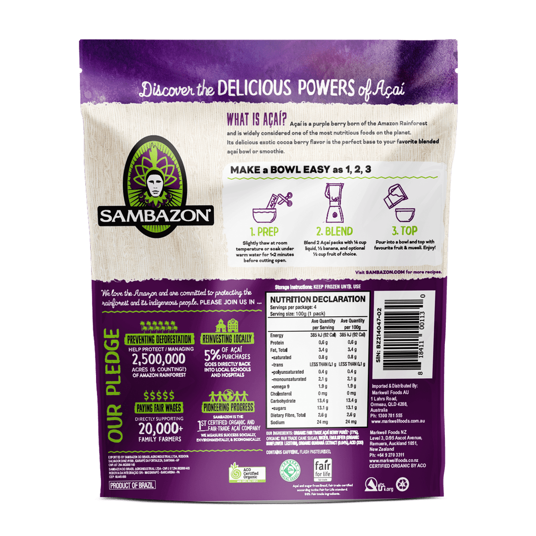 Acai Blend Packets Frozen Acai Puree for Bowls & Smoothies SAMBAZON