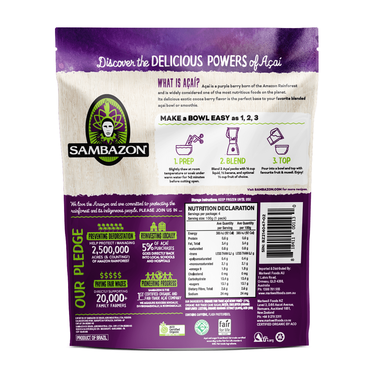 Acai Blend Packets Frozen Acai Puree for Bowls & Smoothies SAMBAZON
